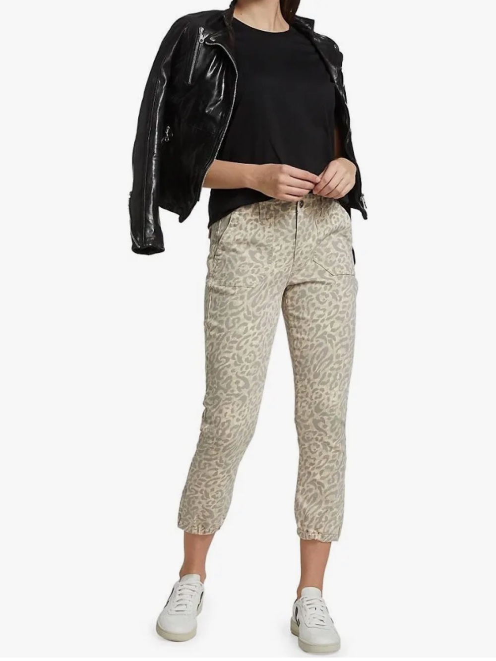 PAIGE | Women’s Cream/Grey Leopard-Print Mayslie Crop Ankle Zip Jogger Jeans 25